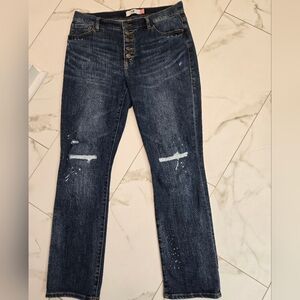 CAbi Dark Blue Jeans Button Fly Straight Leg with Distressed Details Size 10